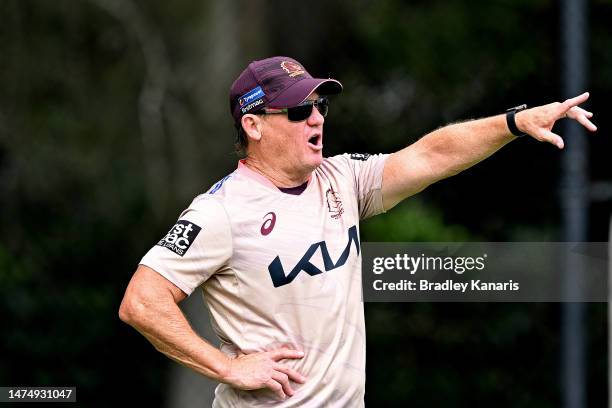 Broncos coach Kevin Walters calls out to his players during a Brisbane Broncos NRL training session at Clive Berghofer Field on March 21, 2023 in...