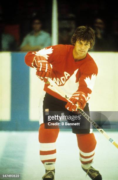 Bobby Orr of Canada skates on the ice during a 1976 Canada Cup game in September, 1976 at the Montreal Forum in Montreal, Quebec, Canada.