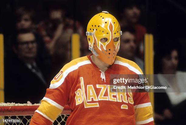 Goalie Bernie Parent of the Philadelphia Blazers defends the net during an WHA game circa 1973.