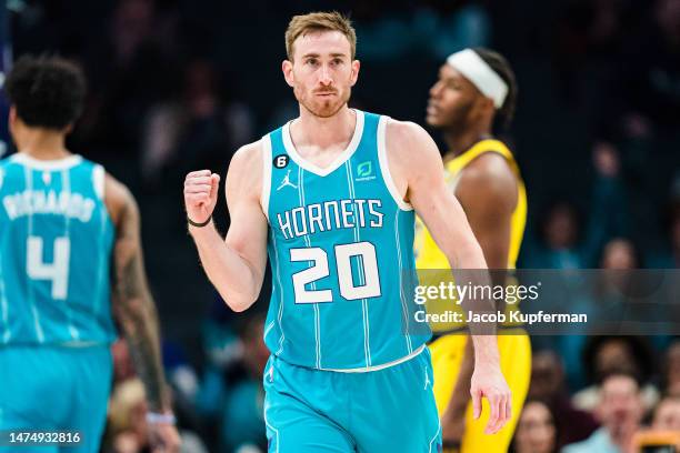 Gordon Hayward of the Charlotte Hornets reacts in the fourth quarter during their game against the Indiana Pacers at Spectrum Center on March 20,...