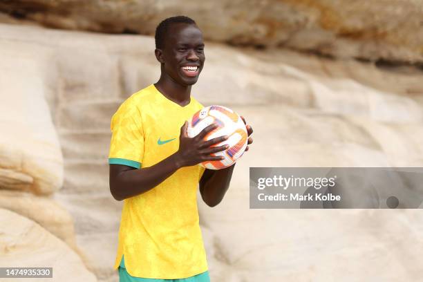 Awer Mabil poses during an Australian Socceroos media opportunity at Mrs Macquarie's Chair on March 21, 2023 in Sydney, Australia.