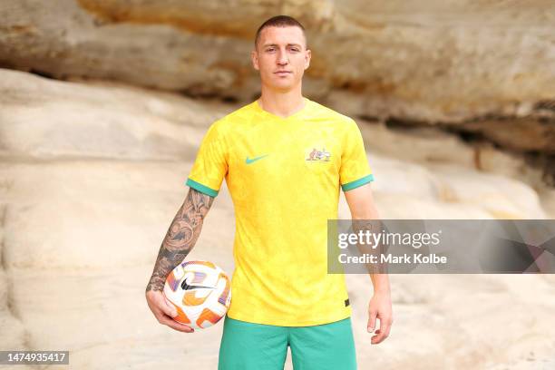 Mitchell Duke poses during an Australian Socceroos media opportunity at Mrs Macquarie's Chair on March 21, 2023 in Sydney, Australia.