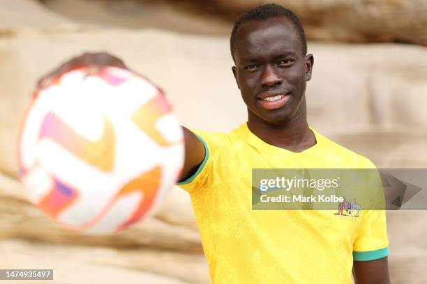 Awer Mabil poses during an Australian Socceroos media opportunity at Mrs Macquarie's Chair on March 21, 2023 in Sydney, Australia.