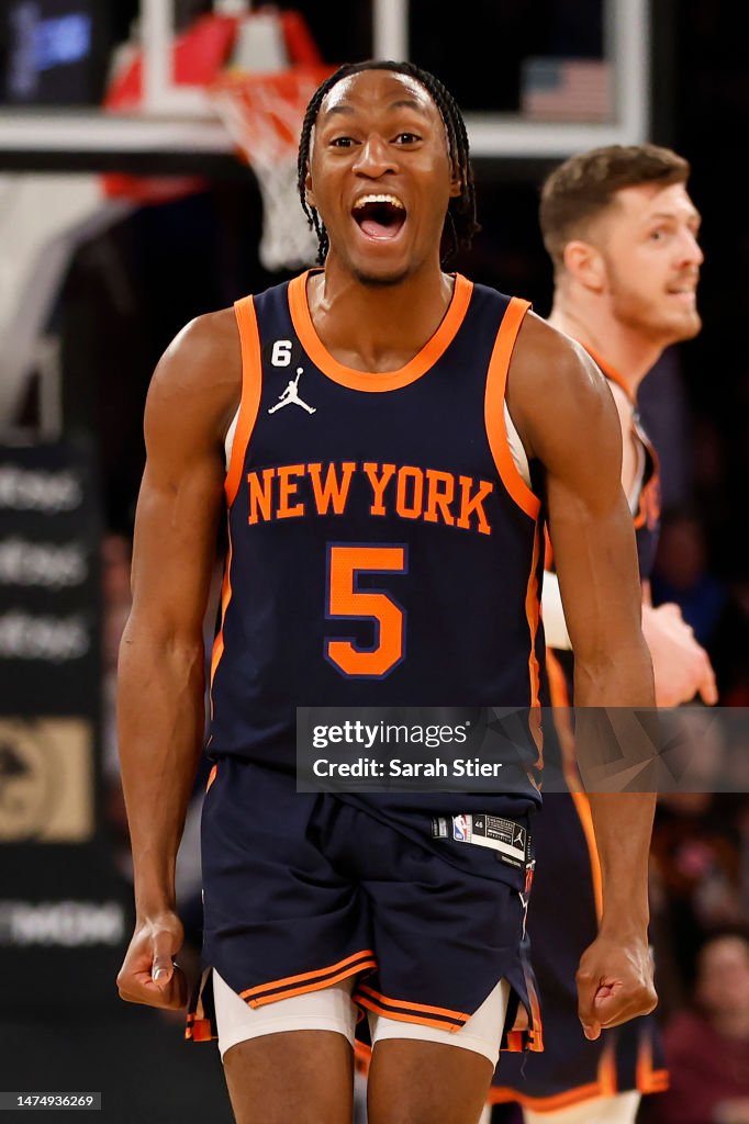 Immanuel Quickley of the New York Knicks reacts during the second ...