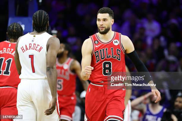 Zach LaVine of the Chicago Bulls reacts during the fourth quarter against the Philadelphia 76ers at Wells Fargo Center on March 20, 2023 in...