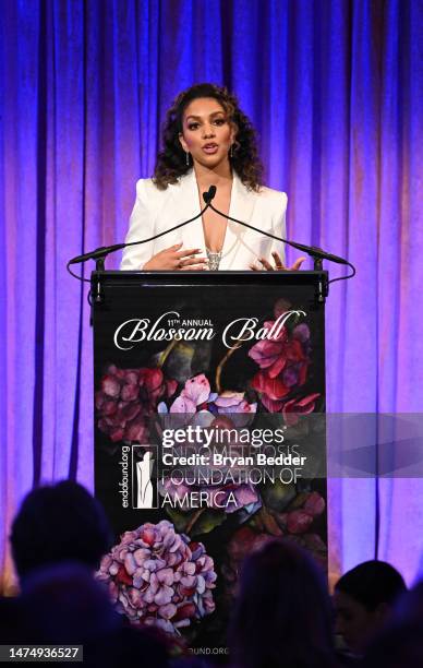 EndoFound ambassador, Blossom Award honoree Corinne Foxx speaks on stage during Endometriosis Foundation Of America's 11th Annual Blossom Ball at...