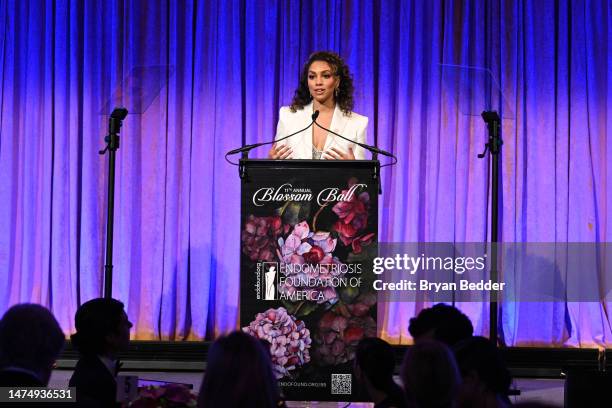 EndoFound ambassador, Blossom Award honoree Corinne Foxx speaks on stage during Endometriosis Foundation Of America's 11th Annual Blossom Ball at...