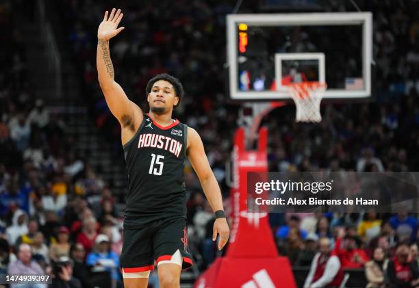 Daishen Nix of the Houston Rockets reacts after making a three-point shot in the second half of the game against the Golden State Warriors at Toyota...