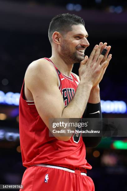 Nikola Vucevic of the Chicago Bulls reacts during double overtime against the Philadelphia 76ers at Wells Fargo Center on March 20, 2023 in...