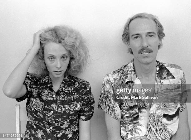 Actress Genevieve Waite and Singer/Songwriter John Phillips pose backstage at the Roxy, West Hollywood, CA 1975.