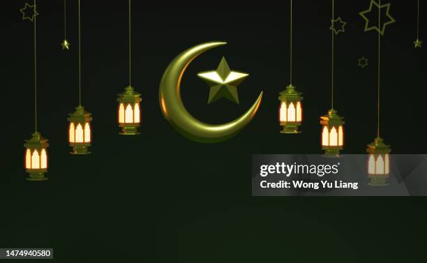 ramadan mubarak, hari raya aidil fitri,  eid al-fitr  green background text with copy space , 3d render - hari raya celebration stock-fotos und bilder