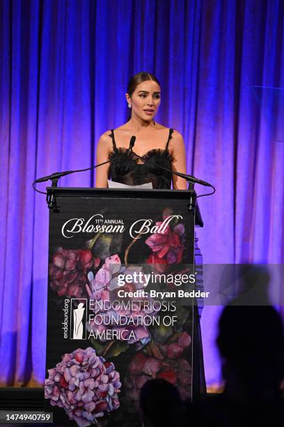 Olivia Culpo, EndoFound ambassador and Blossom Award honoree speaks on stage during Endometriosis Foundation Of America's 11th Annual Blossom Ball at...
