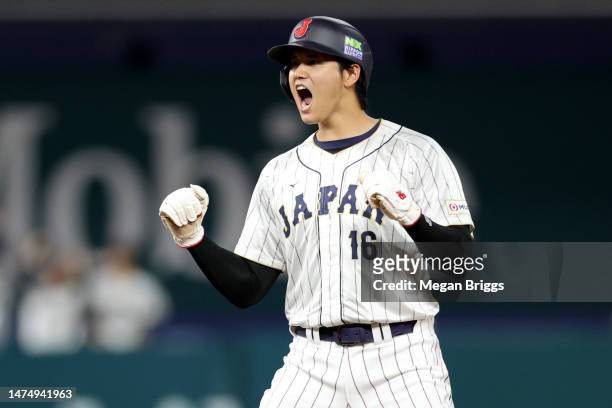 Shohei Ohtani of Team Japan reacts at second base in the ninth inning against Team Mexico during the World Baseball Classic Semifinals at loanDepot...