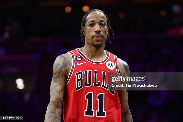 DeMar DeRozan of the Chicago Bulls looks on during the first quarter against the Philadelphia 76ers at Wells Fargo Center on March 20, 2023 in...
