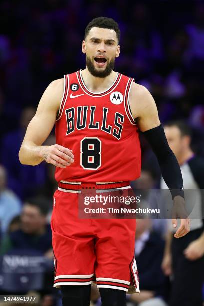 Zach LaVine of the Chicago Bulls reacts during the first quarter against the Philadelphia 76ers at Wells Fargo Center on March 20, 2023 in...