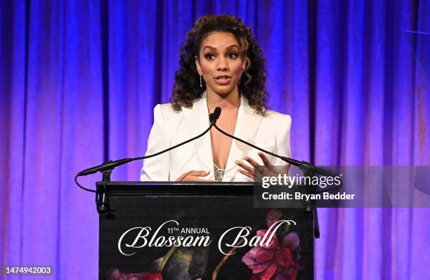 EndoFound ambassador, Blossom Award honoree Corinne Foxx speaks on stage during Endometriosis Foundation Of America's 11th Annual Blossom Ball at...