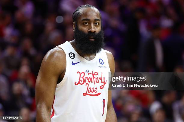 James Harden of the Philadelphia 76ers looks on during the second quarter against the Chicago Bulls at Wells Fargo Center on March 20, 2023 in...