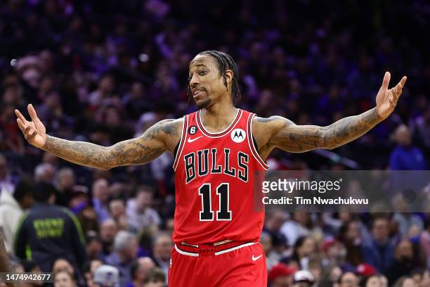 DeMar DeRozan of the Chicago Bulls reacts during the third quarter against the Philadelphia 76ers at Wells Fargo Center on March 20, 2023 in...