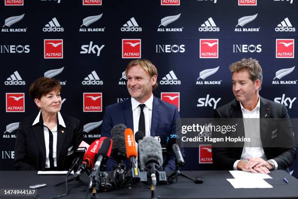 Dame Patsy Reddy, newly announced All Blacks Coach Scott Robertson and NZR CEO Mark Robinson speak to the media during a New Zealand Rugby Press...