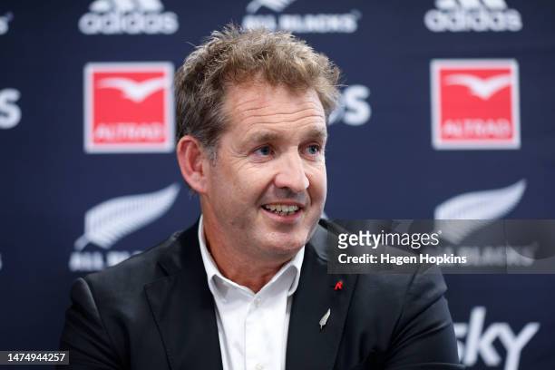 Mark Robinson speaks to media speaks to the media during a New Zealand Rugby Press Conference at NZ Rugby House on March 21, 2023 in Wellington, New...