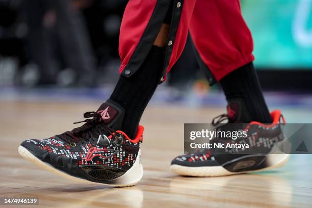 Detail is pictured of the sneakers worn by Jimmy Butler of the Miami Heat before the game against the Detroit Pistons at Little Caesars Arena on...