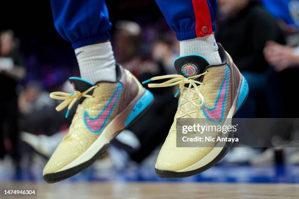 Detail is pictured of the sneakers worn by Jaden Ivey of the Detroit Pistons against the Miami Heat at Little Caesars Arena on March 19, 2023 in...