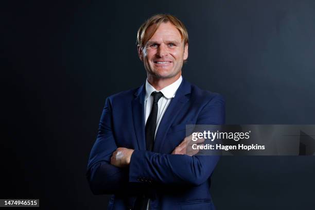 Newly announced All Blacks Coach Scott Robertson poses during a New Zealand Rugby Press Conference at NZ Rugby House on March 21, 2023 in Wellington,...