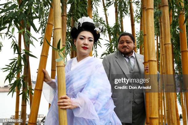 Soprano Karah Son and leading tenor Diego Torre pose during a media preview of Madama Butterfly on March 21, 2023 in Sydney, Australia.