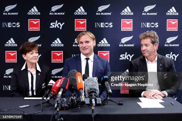Chair Dame Patsy Reddy, newly announced All Blacks Coach Scott Robertson and NZR CEO Mark Robinson speak to the media during a New Zealand Rugby...