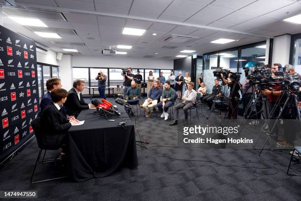 Chair Dame Patsy Reddy, newly announced All Blacks Coach Scott Robertson and NZR CEO Mark Robinson speak to the media during a New Zealand Rugby...