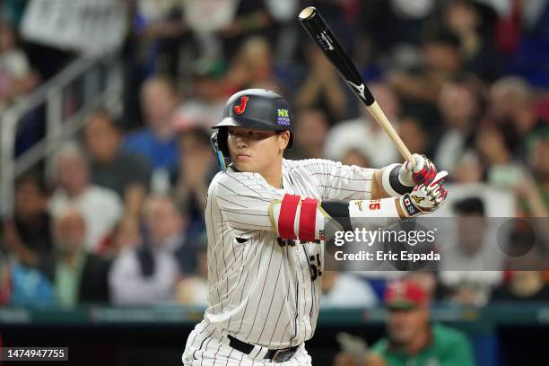 Munetaka Murakami of Team Japan at bat against Team Mexico during the second inning during the World Baseball Classic Semifinals at loanDepot park on...