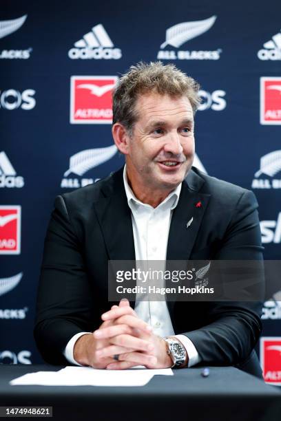 Mark Robinson speaks to media speaks to the media during a New Zealand Rugby Press Conference at NZ Rugby House on March 21, 2023 in Wellington, New...