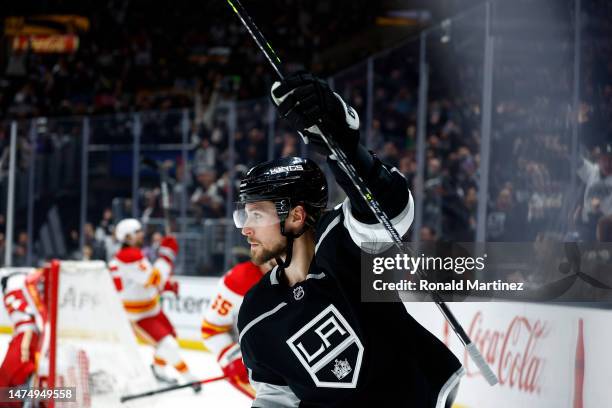 Adrian Kempe of the Los Angeles Kings celebrates a goal against the Calgary Flames in the second period at Crypto.com Arena on March 20, 2023 in Los...