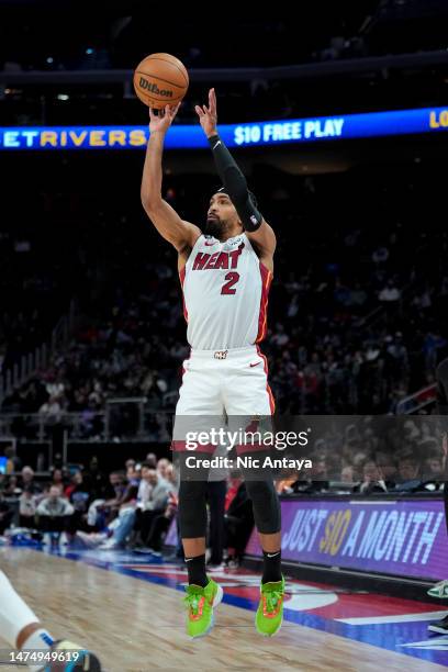 Gabe Vincent of the Miami Heat shoots the ball against the Detroit Pistons at Little Caesars Arena on March 19, 2023 in Detroit, Michigan. NOTE TO...