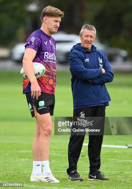 Jordie Barrett of the All Blacks speaks to Craig Bellamy the coach of the Storm during a Melbourne Storm NRL training session at Gosch's Paddock on...