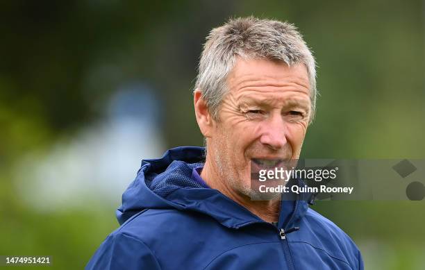 Craig Bellamy the coach of the Storm looks on during a Melbourne Storm NRL training session at Gosch's Paddock on March 21, 2023 in Melbourne,...