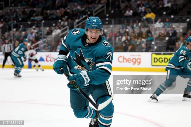 Nikolai Knyzhov of the San Jose Sharks in action against the Columbus Blue Jackets at SAP Center on March 14, 2023 in San Jose, California.