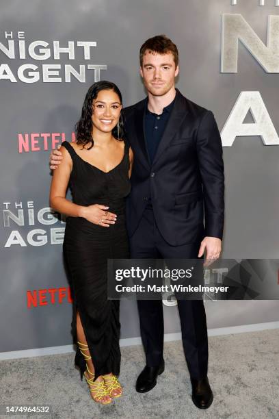 Luciane Buchanan and Gabriel Basso attend the Los Angeles premiere of Netflix's "The Night Agent" at TUDUM Theater on March 20, 2023 in Hollywood,...
