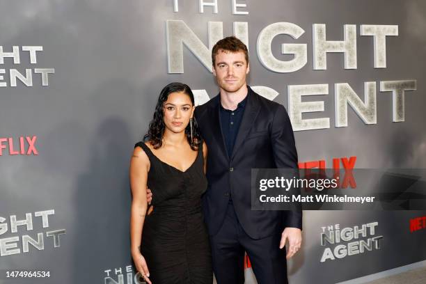 Luciane Buchanan and Gabriel Basso attend the Los Angeles premiere of Netflix's "The Night Agent" at TUDUM Theater on March 20, 2023 in Hollywood,...