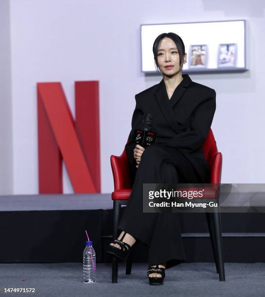 South Korean actress Jeon Do-Yeon is seen at the Netflix 'Kill Boksoon' press conference at the Grand Intercontinental Hotel on March 21, 2023 in...