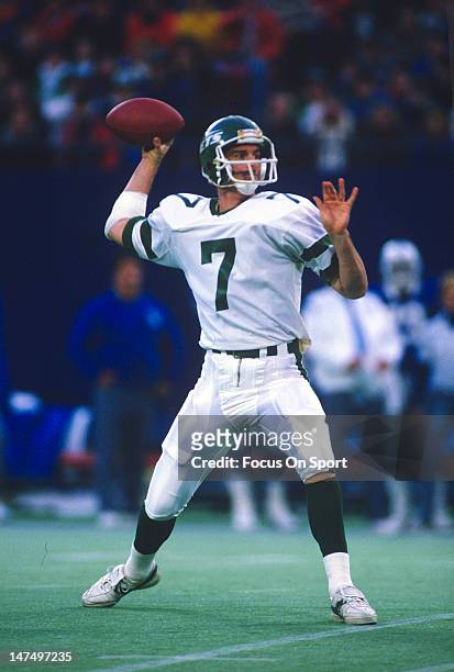 Quarterback Ken O'Brien of the New York Jets drops back to pass against the Indianapolis Colts during an NFL football game November 3, 1985 at the...