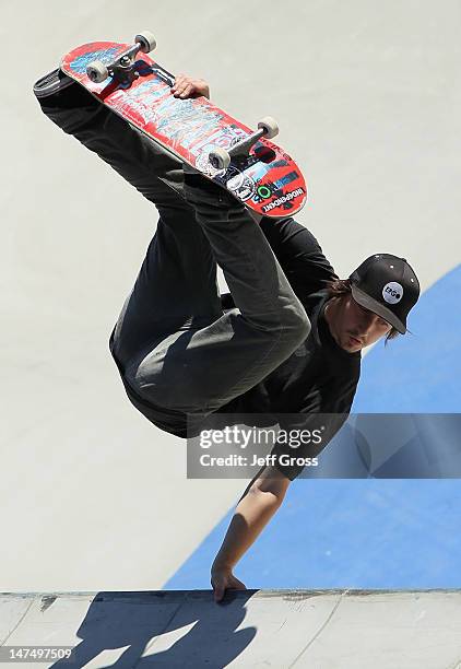 Kevin Kowalski competes in the men's Skateboard Park final during day three of X Games 18 at L.A. LIVE on June 30, 2012 in Los Angeles, California.