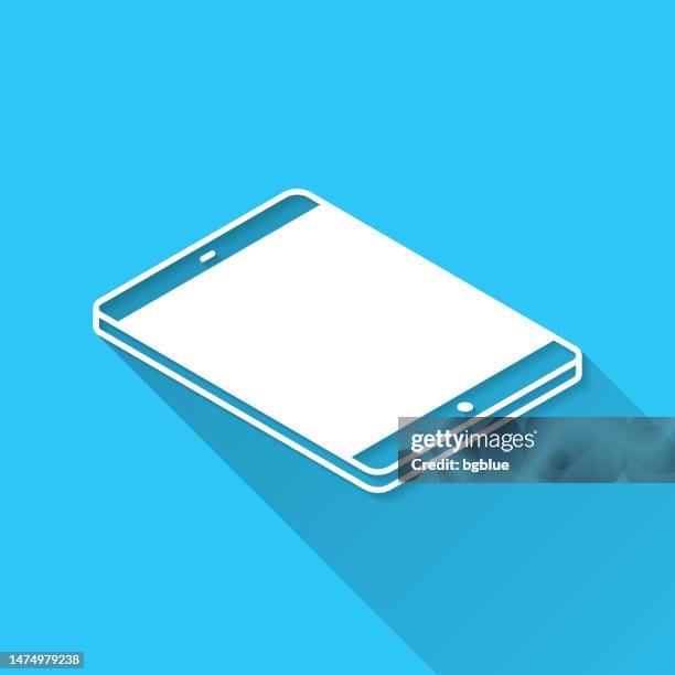 isometric tablet pc - flat position. icon on blue background - flat design with long shadow - computer lying flat stock illustrations