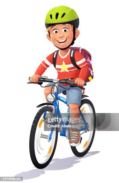 boy with backpack riding bike - 12 year old cute boys stock illustrations