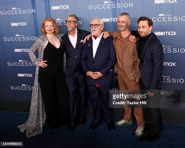 Sarah Snook, Alan Ruck, Brian Cox, Jeremy Strong, and Kieran Culkin attend the Season 4 premiere of HBO's "Succession" at Jazz at Lincoln Center on...