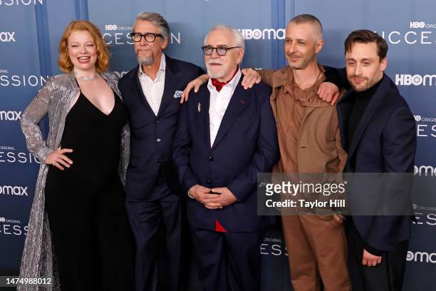 Sarah Snook, Alan Ruck, Brian Cox, Jeremy Strong, and Kieran Culkin attend the Season 4 premiere of HBO's "Succession" at Jazz at Lincoln Center on...