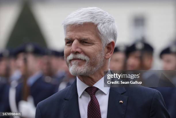 New Czech President Petr Pavel arrives to meet with German President Frank-Walter Steinmeier at Schloss Bellevue presidential palace on March 21,...