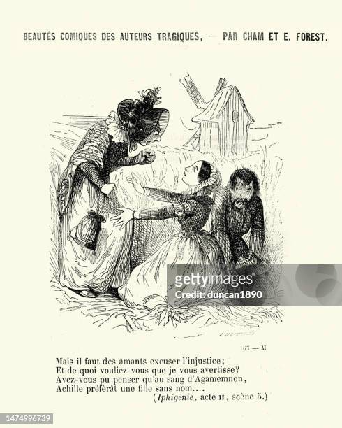 vintage cartoon by mother finding her daughter and her boyfriend canoodling in a field, beautés comiques des auteurs tragiques, victorian 1860s. - old mother stock illustrations