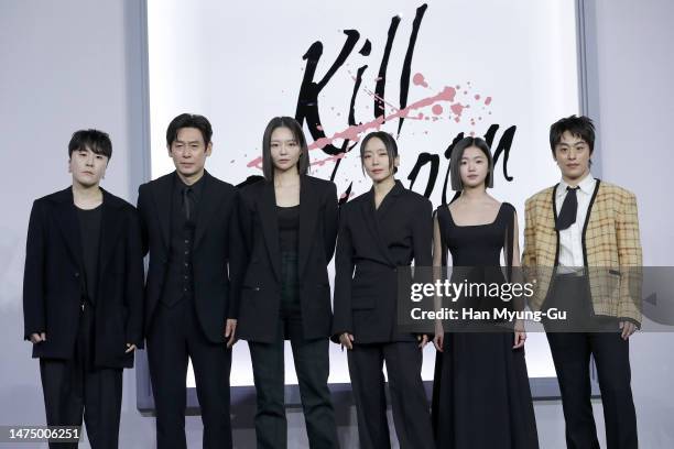 South Korean director Byun Sung-Hyun, actors Seol Kyung-Gu, Esom, Jeon Do-Yeon, Kim Sia and Koo Kyo-Hwan are seen at the Netflix 'Kill Boksoon' press...