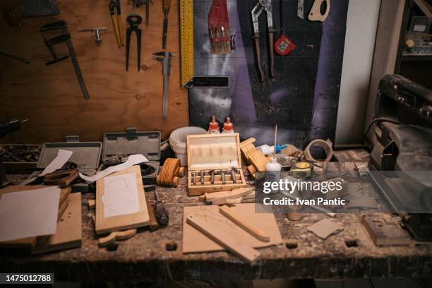 woodshop. - workbench stock pictures, royalty-free photos & images